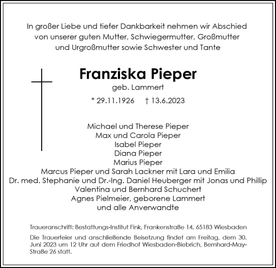 Traueranzeige von Franziska Pieper von Wiesbadener Kurier