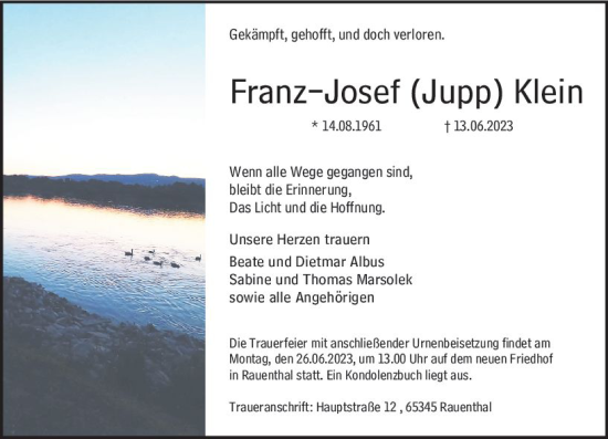 Traueranzeige von Franz Josef Klein von Wiesbadener Kurier