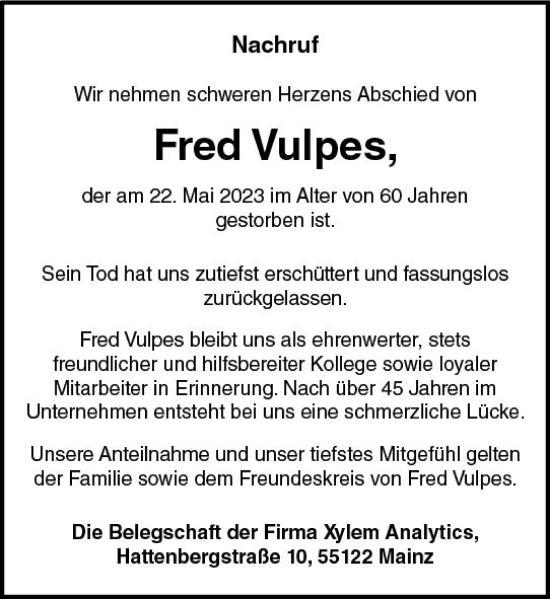 Traueranzeige von Fred Vulpes von Allgemeine Zeitung Mainz