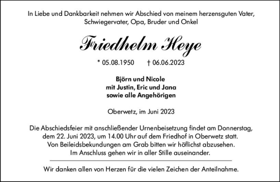 Traueranzeige von Friedhelm Heye von Wetzlarer Neue Zeitung