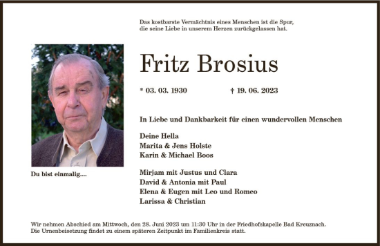 Traueranzeige von Fritz Brosius von Allgemeine Zeitung Bad Kreuznach