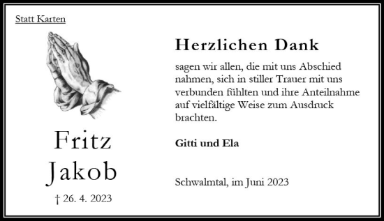 Traueranzeige von Fritz Jakob von Oberhessen Kurier