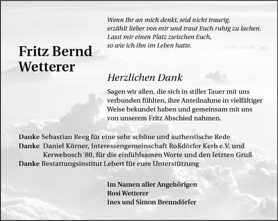 Traueranzeige von Fritz Bernd Wetterer von Darmstädter Echo