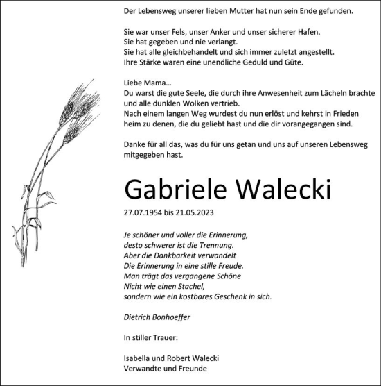 Traueranzeige von Gabriele Walecki von Weilburger Tageblatt