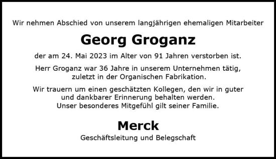 Traueranzeige von Georg Groganz von Darmstädter Echo