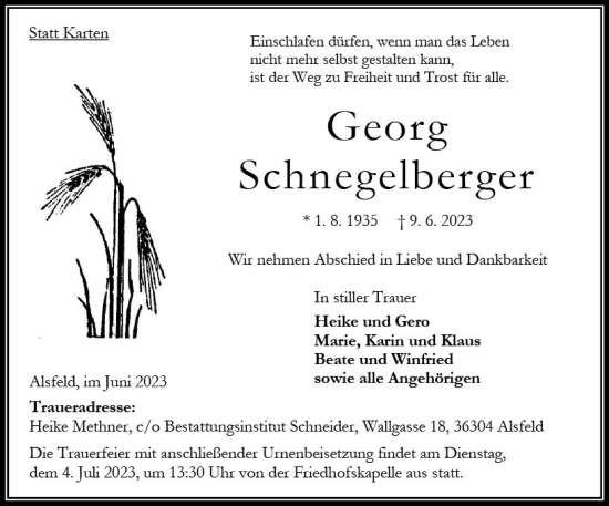 Traueranzeige von Georg Schnegelberger von Oberhessen Kurier