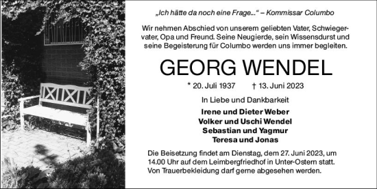 Traueranzeige von Georg Wendel von Odenwälder Echo