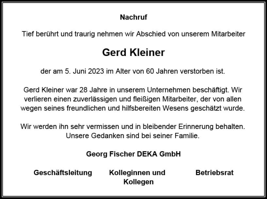 Traueranzeige von Gerd Kleiner von Hinterländer Anzeiger