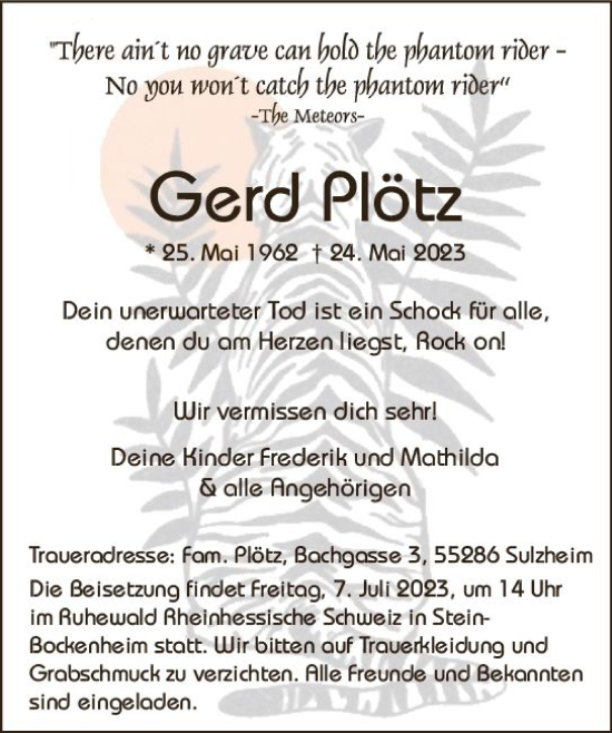 Traueranzeige von Gerd Plötz von Allgemeine Zeitung Mainz