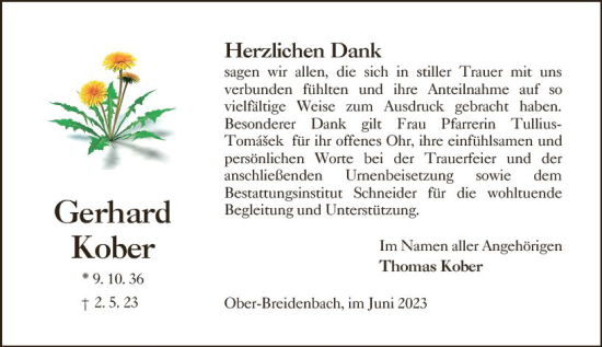 Traueranzeige von Gerhard Kober von Oberhessen Kurier