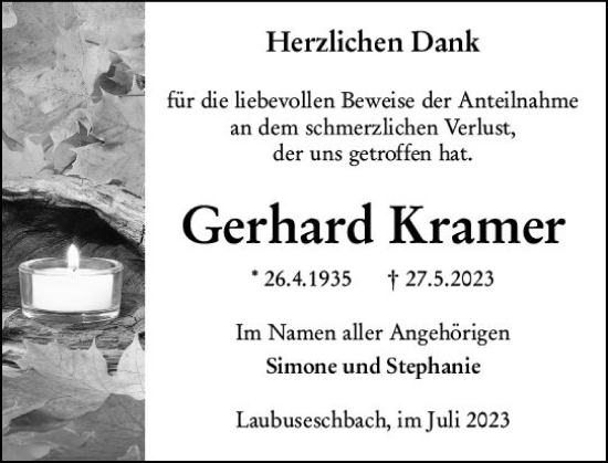 Traueranzeige von Gerhard Kramer von Weilburger Tageblatt