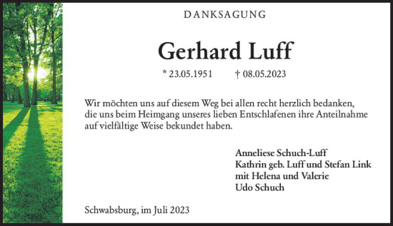 Traueranzeige von Gerhard Luff von Allgemeine Zeitung Mainz