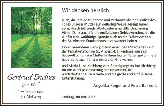 Traueranzeige von Gertrud Endres von Nassauische Neue Presse