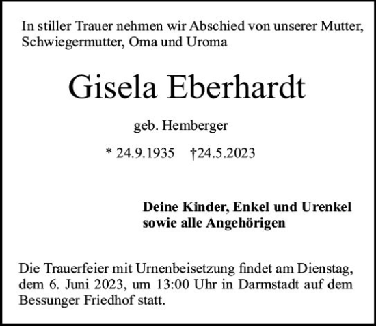 Traueranzeige von Gisela Eberhardt von Darmstädter Echo