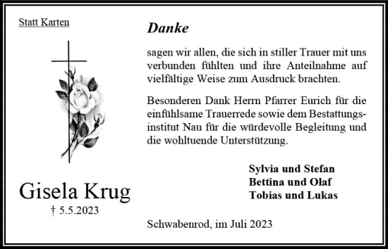 Traueranzeige von Gisela Krug von Oberhessen Kurier