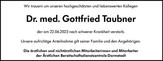 Traueranzeige von Gottfried Taubner von Darmstädter Echo