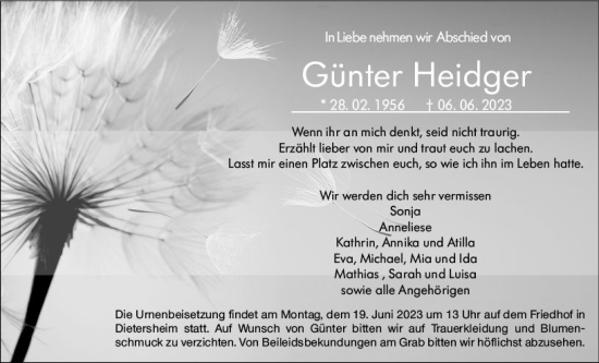 Traueranzeige von Günter Heidger von Bingen/Ingelheim WOBL inkl. Neue Binger Ztg.