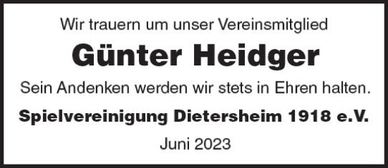 Traueranzeige von Günter Heidger von Allgemeine Zeitung Bingen/Ingelheim