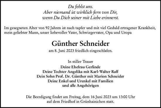Traueranzeige von Günther Schneider von Wetzlarer Neue Zeitung