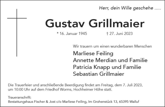 Traueranzeige von Gustav Grillmaier von Wiesbadener Kurier