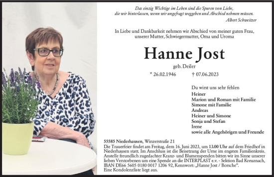 Traueranzeige von Hanne Jost von Allgemeine Zeitung Bad Kreuznach