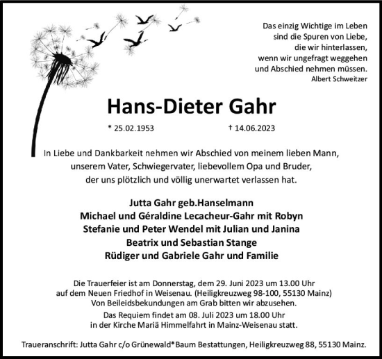 Traueranzeige von Hans-Dieter Gahr von Allgemeine Zeitung Mainz