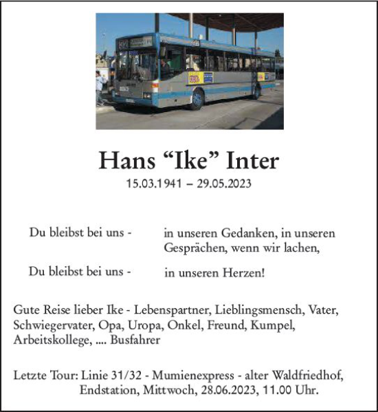 Traueranzeige von Hans Inter von Rüsselsheimer Echo