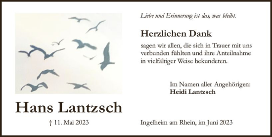Traueranzeige von Hans Lantzsch von Allgemeine Zeitung Bingen/Ingelheim