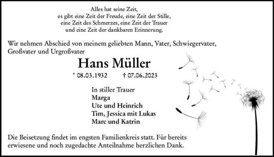Traueranzeige von Hans Müller von Darmstädter Echo
