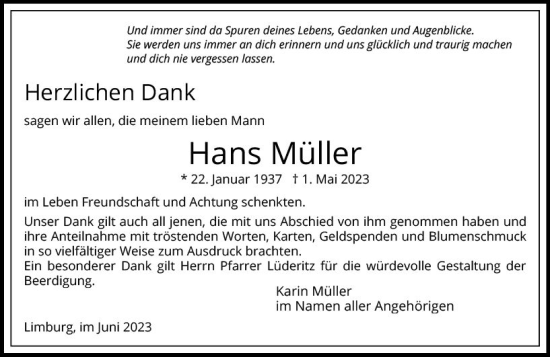 Traueranzeige von Hans Müller von Nassauische Neue Presse
