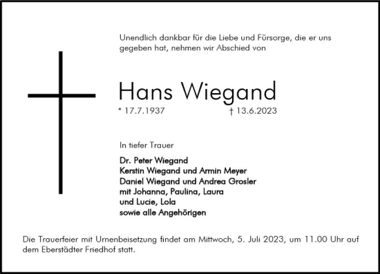 Traueranzeige von Hans Wiegand von Darmstädter Echo