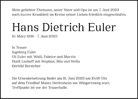 Traueranzeige von Hans Dietrich Euler von Allgemeine Zeitung Bingen/Ingelheim