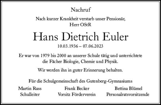 Traueranzeige von Hans Dietrich Euler von Allgemeine Zeitung Mainz