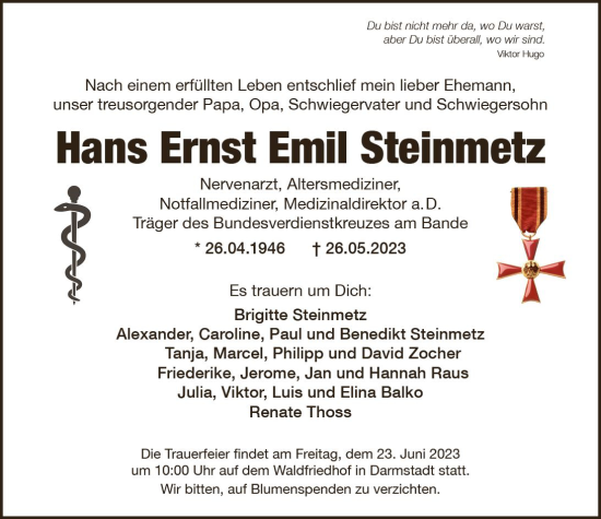 Traueranzeige von Hans Ernst Emil Steinmetz von Darmstädter Echo