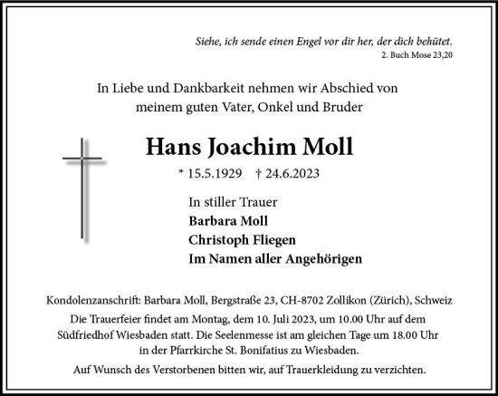 Traueranzeige von Hans Joachim Moll von Wiesbadener Kurier