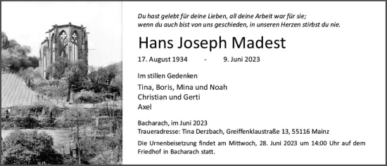Traueranzeige von Hans Joseph Madest von Allgemeine Zeitung Bingen/Ingelheim