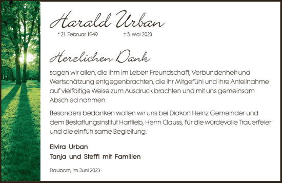 Traueranzeige von Harald Urban von Camberger Anzeiger