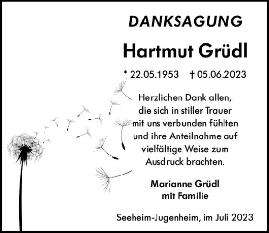 Traueranzeige von Hartmut Grüdl von Darmstädter Echo