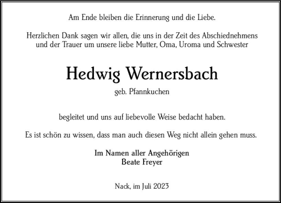 Traueranzeige von Hedwig Wernersbach von Allgemeine Zeitung Alzey