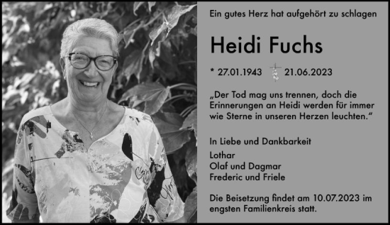 Traueranzeige von Heidi Fuchs von Rheingau Kurier