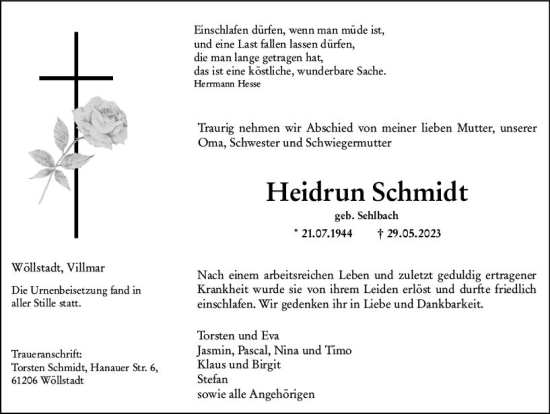 Traueranzeige von Heidrun Schmidt von Nassauische Neue Presse