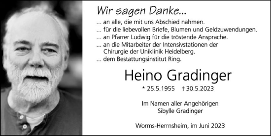 Traueranzeige von Heino Gradinger von Wormser Zeitung