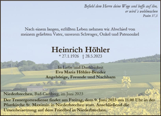 Traueranzeige von Heinrich Höhler von Camberger Anzeiger