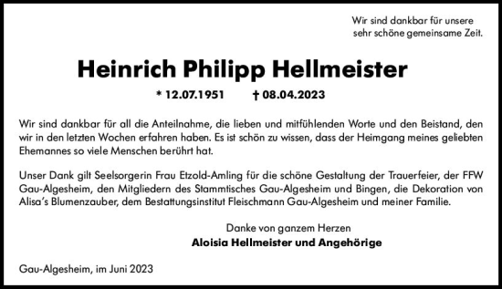 Traueranzeige von Heinrich Philipp Heilmeister von Allgemeine Zeitung Bingen/Ingelheim