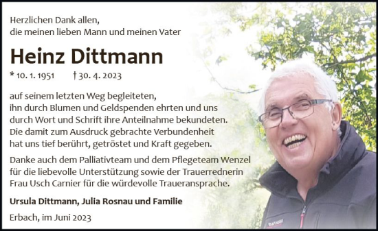 Traueranzeige von Heinz Dittmann von Odenwälder Echo
