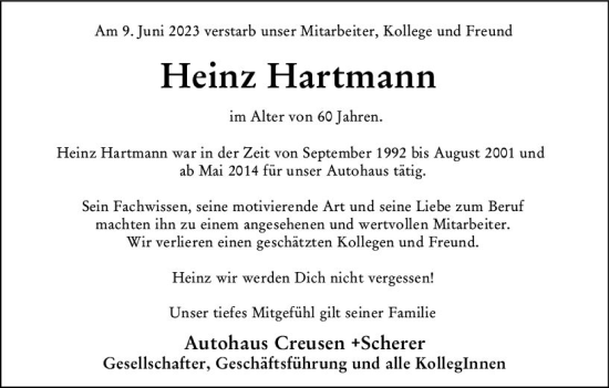 Traueranzeige von Heinz Hartmann von Allgemeine Zeitung Alzey