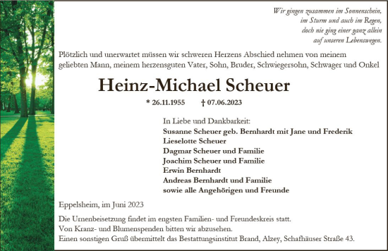 Traueranzeige von Heinz-Michael Scheuer von Allgemeine Zeitung Alzey