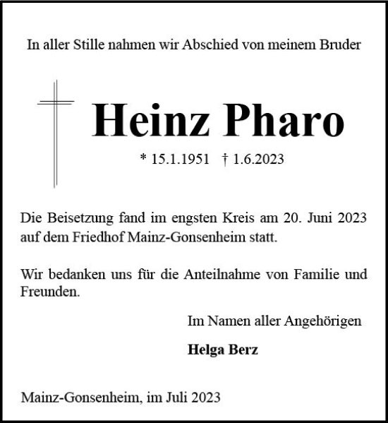 Traueranzeige von Heinz Pharo von Allgemeine Zeitung Mainz