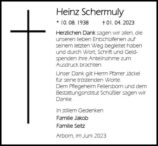 Traueranzeige von Heinz Schermuly von Dill Block