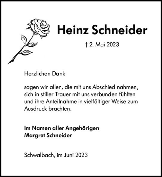 Traueranzeige von Heinz Schneider von Wetzlarer Neue Zeitung